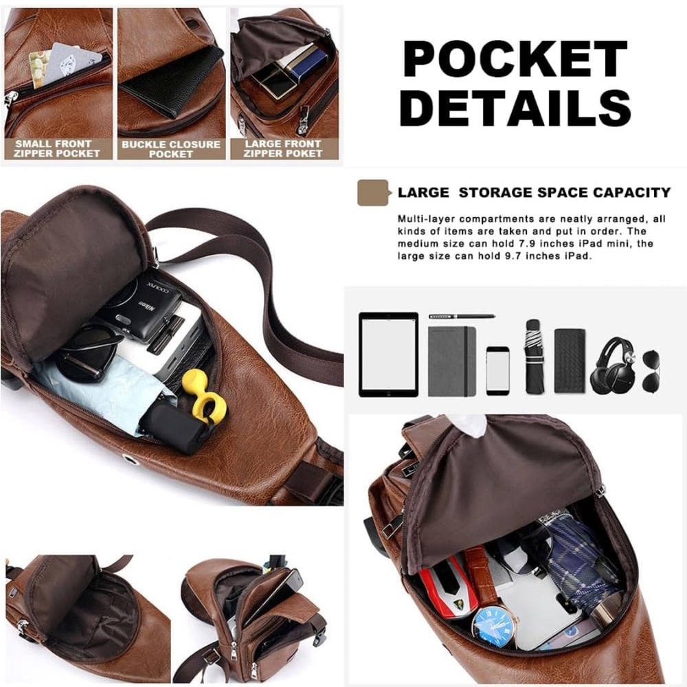 New! Leather Sling Bag Mens Backpack/ Crossbody Bag Chest Bag w/ USB Charge Port - Picture 3 of 11